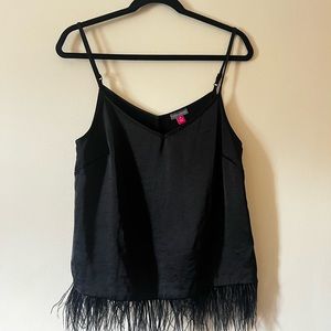 Black M feathered satin party top Vince Camuto